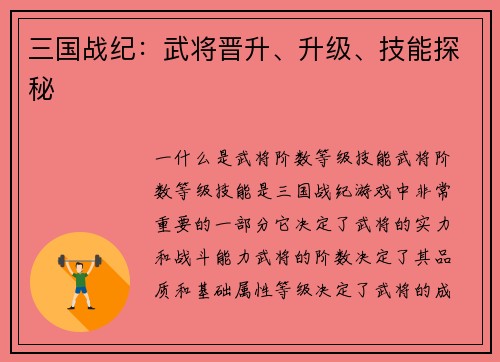 三国战纪：武将晋升、升级、技能探秘
